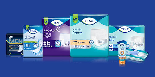 Range of TENA products on a blue background.  Range of TENA products on a blue background.